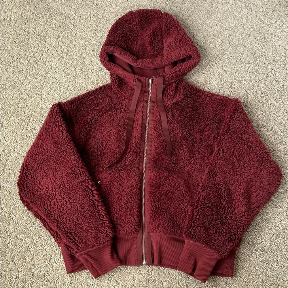 Athleta Sherpa Hoodie Jacket Reversible Fleece Cropped Zip-up Coat Burgundy S - Picture 11 of 13